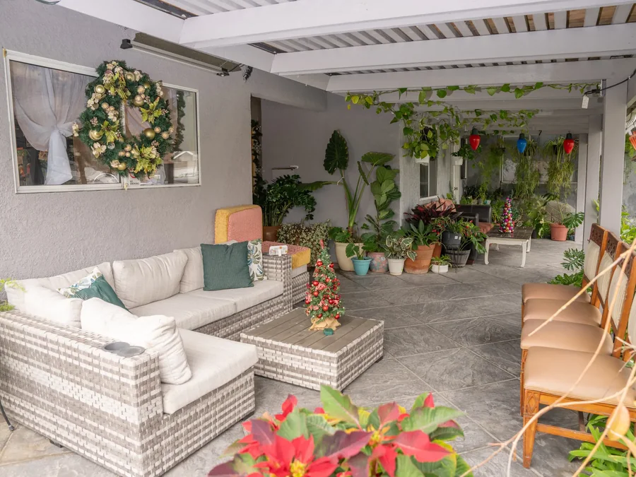 Bright covered patio lounge area